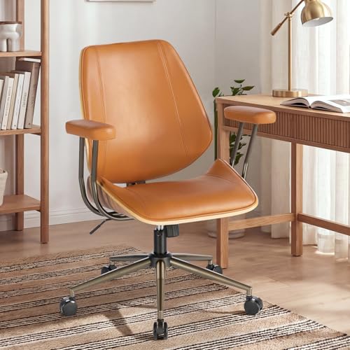 Modern Mid Back Office Chair, Adjustable Swivel Desk Chair with Arms, Brown | Faux leather seat, wood accent detail, mid-back with padded armrests, adjustable swivel, for home office, bedroom & study - color: Brown, size: 1-Piece Back / No Headrest