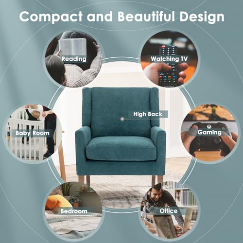 COLAMY Modern Wingback Living Room Chair, Upholstered Fabric Accent Armchair, Single Sofa Chair with Lounge Seat and Wood Legs for Bedroom/Office/Reading Spaces, Teal - color: Teal, size: Set of 1