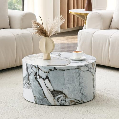 Round Coffee Table, 23.6" Modern Faux Marble Drum Coffee Table, Round Accent Center Table for Living Room Apartment Small Spaces, No Assembly Required - color: 24'' Rock White, size: 24'' Round Coffee Table