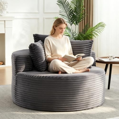 Round Chaise Lounge Chair Indoor, 43" Corduroy Circle Single Cloud Reading Chairs Modern Upholstered Boneless Sofa for Living Room, Bedroom Apartment, Grey - color: Grey, style: 43"Corduroy