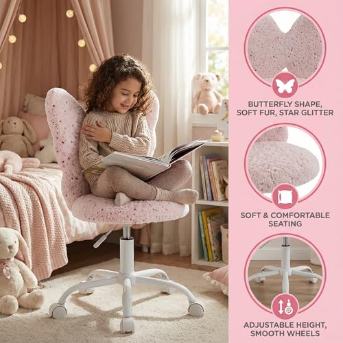 chairus Kids Desk Chair Butterfly Faux Fur Study Chair for Teenage Girls Adjustable Kids Vanity Chair for Bedroom Reading Living Room, Small Cute Student Task Chair with White Foot, Baby Pink - color: Butterfly, Pink
