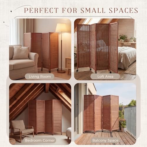 4 Panel Rolling Bamboo Short Room Divider with Wheels, 3.9FT Tall, Movable Folding Privacy Screen, Freestanding Partition for Loft, Apartment, Studio & Home Office, Brown