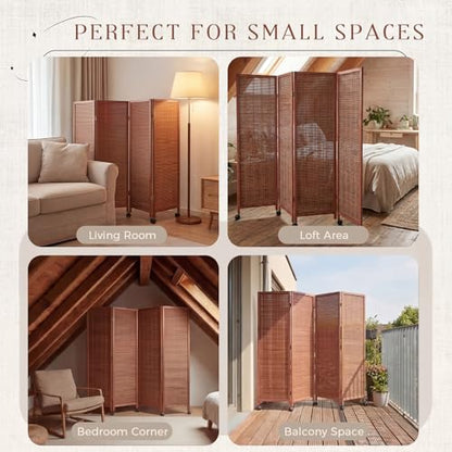 4 Panel Rolling Bamboo Short Room Divider with Wheels, 3.9FT Tall, Movable Folding Privacy Screen, Freestanding Partition for Loft, Apartment, Studio & Home Office, Brown