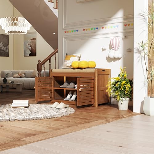 Wilk Shoe Storage Bench, 2-Tier Shoe Cabinet with Padded Seat Cushion, Bamboo Entryway Bench with 2 Doors (31.49’’(L) x13.78’’(W) x18.9''(H)) - size: 31.49" (L) x 13.78" (W) x 18.9" (H)