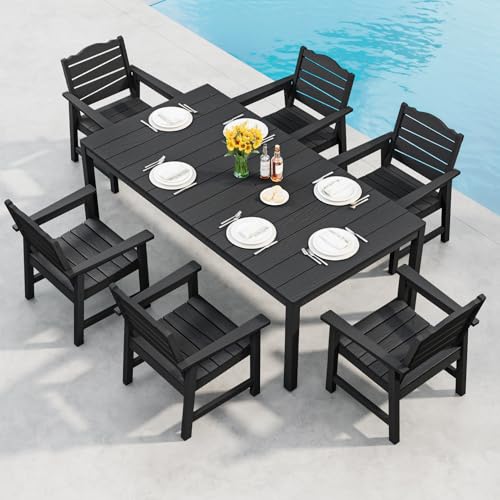 7-Piece Patio Dining Set, 63" Outdoor Dining Rectangle Table w/Aluminum Frame and 6 Chairs, Weatherproof HIPS Dining Furniture with Umbrella Hole, for Backyard Garden Deck Poolside, Black - size: 7pcs set