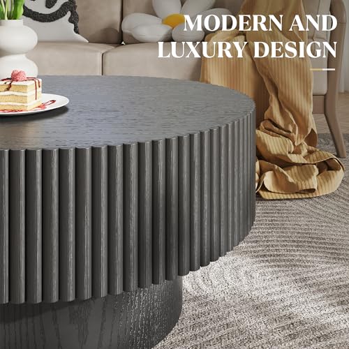 YOUDENOVA 43.7” Oval Coffee Table, Modern Wood Fluted Coffee Table for Living Room, Veneer Handcrafted Relief Center Table with Sturdy Pedestal，Easy Assembly - Black - color: 43.7" Black-oval