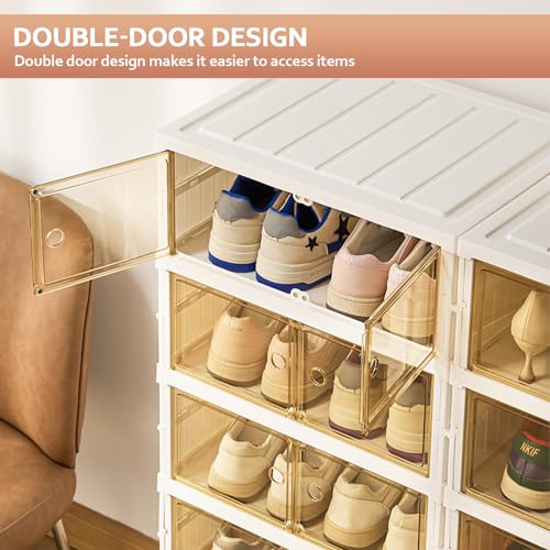 SYNCVIBE Collapsible Shoe Rack Organizer, 9 Tiers, 36 Pairs, 34.2" Wide | Foldable Shoe Storage with Doors, Plastic Shoe Cabinet with Wheels, Easy Assembly Shoe Shelves for Entryway and Living Room - size: 9 Tiers -36 Pairs White
