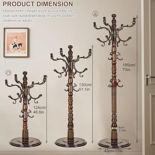 Wooden Coat Rack Freestanding with 18 Hooks, Adjustable Height Coat Tree Free Standing Heavy Duty for Entryway, Easy Assembly Solid Wood Sturdy Coat Hats Hanger Stand for Office Hallway Bedroom - color: Brown-Resin Hook