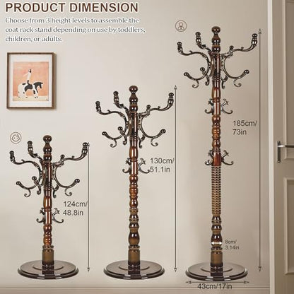 Wooden Coat Rack Freestanding with 18 Hooks, Adjustable Height Coat Tree Free Standing Heavy Duty for Entryway, Easy Assembly Solid Wood Sturdy Coat Hats Hanger Stand for Office Hallway Bedroom - color: Brown-Resin Hook