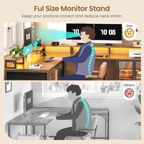 SEDETA L Shaped Gaming Desk with 4 Drawers, 109” Computer Desk with Display Cabinet, Home Office Desks with 2 Monitor Stands, CPU Stand, LED Lights and Power Outlet, Rustic Brown - color: Rustic Brown
