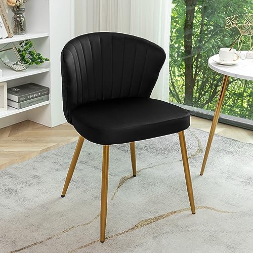 GDFStudio 30.71" Modern Velvet Accent Chair, Comfy Lounge Chair, Upholstered Side Chair with Channel Tufted Back, Gold Metal Legs, Armless Reading Chair for Living Room Bedroom Small Spaces, Black - color: Black + Polyester