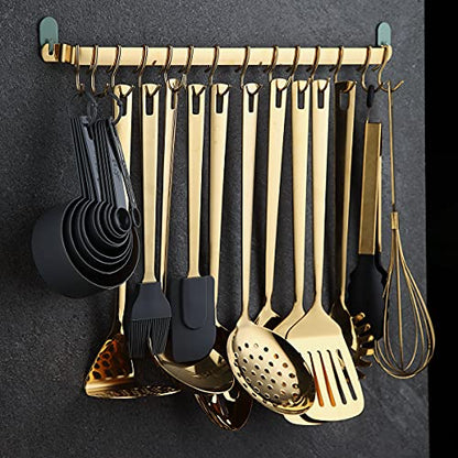 Kyraton Kitchen Utensil Rack, Kitchen Rack With Gold Titanium Plating,Rail Rack Organizer for Hanging Knives,Wall Mounted Gourmet Kitchen Rail with 14 Hooks - color: 2.Gold