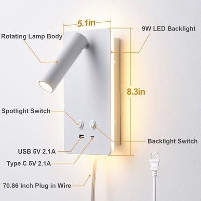 MOLUOLA LED Wall Lamp Wall Mounted Reading Lights, Adjustable Headboard Plug in Wall Sconce with USB C+A Ports, Headboard Bedside Lamp with 9W+3W Night Light 3000K (White) - color: White, size: 1 Pack