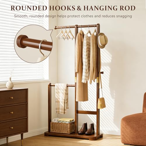 Solid Wood Coat Rack Freestanding Double Rod Clothes Rack Space Saving - color: Walnut