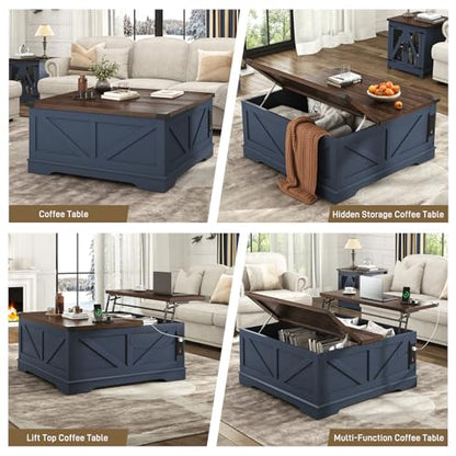 Hlivelood 40” Large Farmhouse Lift Top Coffee Table with Power Outlets and Large Hidden Storage, Square Wood Living Room Tables, Multi-Function Lift Wooden Barn Door Center Table, Blue - color: Blue