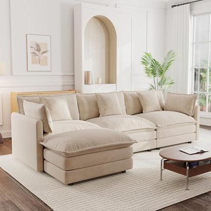 Modular Sectional Sofa, 111.5 Inch L Shaped Couch Set for Living Room, 3-Seater Comfy Cloud Couches with Movable Ottoman, DIY Combination, Chenille, Light Coffee - color: Light Coffee, size: 111.5 Inch- L