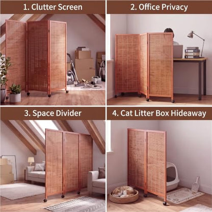 4 Panel Rolling Bamboo Short Room Divider with Wheels, 3.9FT Tall, Movable Folding Privacy Screen, Freestanding Partition for Loft, Apartment, Studio & Home Office, Brown