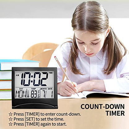 Betus Digital Travel Alarm Clock – Foldable Calendar, Temperature & Timer with Snooze – Large Number Display, Battery Operated – Compact Desk Clock for Home & Office (Black) - color: Black