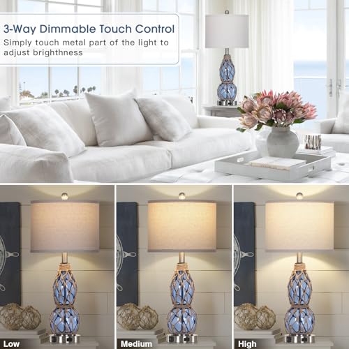 Rinweey 26" Coastal Glass Table Lamps Set of 2, 3-Way Dimmable Touch Lamps with USB Ports and AC Outlet, Nautical Bedside Lamps for Bedroom Living Room - color: Blue-2