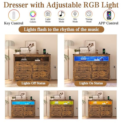 Brown Dresser 6 Drawer Dressers for Bedroom with LED Lights, Charging Station, Wood Chest of Drawers with Metal Handles, Modern TV Stand Storage Cabinet for Living Room, Hallway, Entryway - color: Brown, style: LED 6 Drawers