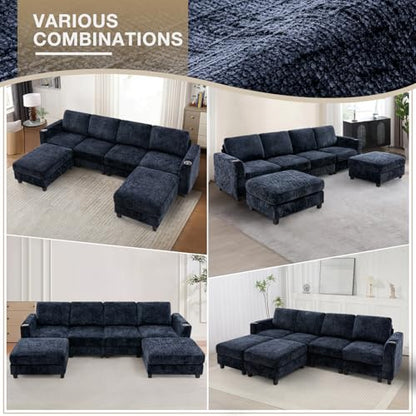 110" Convertible U-Shape Couch with 2 Flexible Ottomans, Blue | Soft Sectional Sofa with Durable Cup Holders, Chenille 4 Seater Sofa with Well-Filled Backrest for Living Room, House - color: Blue, size: 110" U-Shape