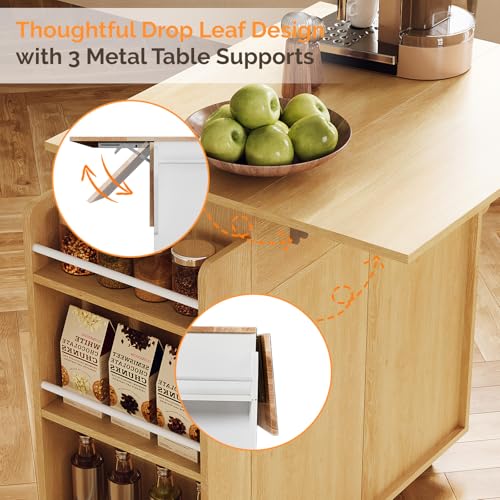 VINGLI Kitchen Island Cart with Storage, Rolling Kitchen Cart on Wheels with Foldable Drop Leaf, 15.35 x 31.15 x 34.45 Inches, Rubber Wood Top, Drawer and Door Cabinet, Oak