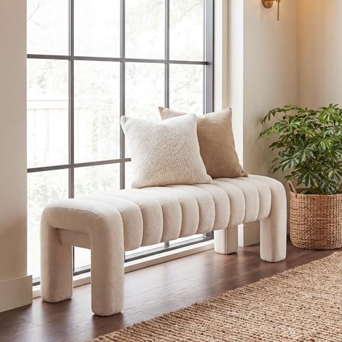 43.3" Bedroom Bench, Upholstered Entryway Bench, Modern End of Bed Ottoman with Solid Wood Legs and Adjustable Foot Pegs for Entryway, Dining Room and Living Room (Beige Linen) - color: Beige Linen, size: 43.3"