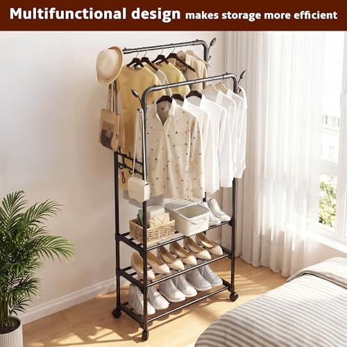 Double Rod Rolling Metal Clothes Rack | Freestanding Garment Organizer With Wheels, Hooks & Shelves, Multi-Functional Storage For Shoes, Clothes & Bags, Ideal For Bedroom Laundry Living Room