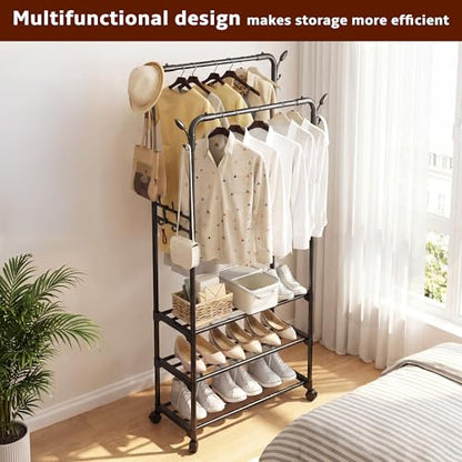 Double Rod Rolling Metal Clothes Rack | Freestanding Garment Organizer With Wheels, Hooks & Shelves, Multi-Functional Storage For Shoes, Clothes & Bags, Ideal For Bedroom Laundry Living Room