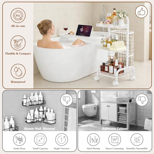 Bathroom Cart with Bathtub Tray Holder, Bathroom Organizers and Storage, Small Slim Shelf Organizer with Bath Tub Caddy Rack, 3 Tier Narrow Skinny Acrylic Rolling Cart for Laundry Room Living Room