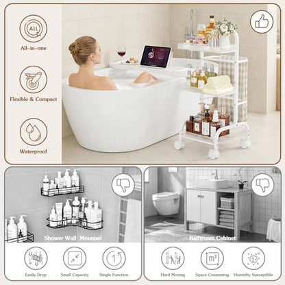 Bathroom Cart with Bathtub Tray Holder, Bathroom Organizers and Storage, Small Slim Shelf Organizer with Bath Tub Caddy Rack, 3 Tier Narrow Skinny Acrylic Rolling Cart for Laundry Room Living Room