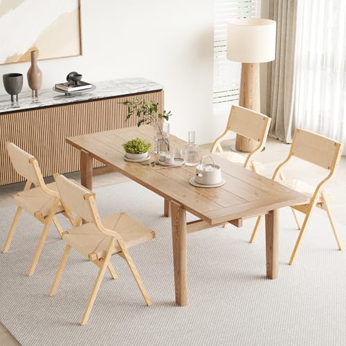 Wood Folding Chairs, Foldable Chairs Wooden Indoor Stackable Dining Chairs for Kitchen & Dining Room Chair Woven Seat & Webbing Back, Dining Chair Set of 2 - color: Natural/Natural, Woven Rope