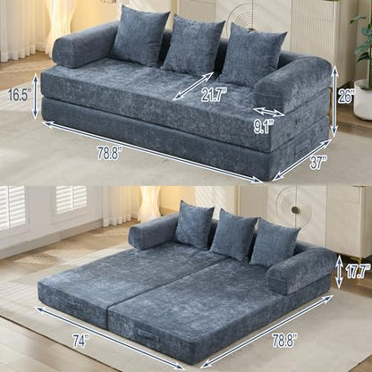 Convertible Folding Sofa Bed Modular Floor Couch, 78.8‘’ Cloud Sleeper Sofa with Removable Backrest, Chenille Foldable Mattress Couch, Lazy Loveseat for Small Space, Apartment, Bedroom, Blue - color: #3-blue