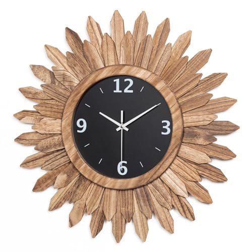Large Wall Clock Battery Operated 21 in Rustic Wood Boho Sunburst Decorative Wall Clock Silent Non Ticking Farmhouse Wall Clocks for Living Room Bedroom Kitchen Bathroom Decor (Rustic Brown) - color: Rustic Brown, size: 21 inch