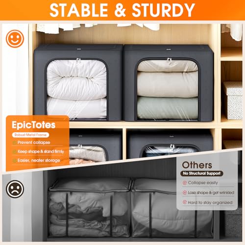 4 Pack Clothes Storage Bins with Metal Frame, Light Grey, 40L | Foldable Storage Boxes with Clear Window, Front & Top Zipper Openings, Stackable Organizer with Handles for Closet & Bedroom