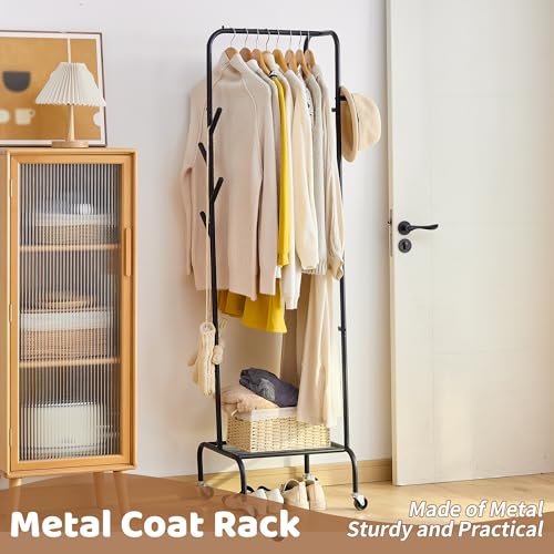 Heavy Duty Clothing Rack with Wheels, Garment Rack, Freestanding Coat Rack with 6 Hooks for Entryway, Bedroom Metal Clothes Hanger Stand for Hats, Jackets, Bags,Shoes (Black, Single-layer) - color: Black, size: Single-layer