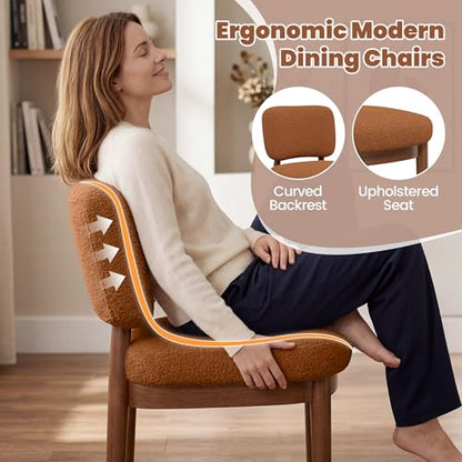 Wooden Dining Chairs Set of 6, Boucle Upholstered Kitchen Chairs with Solid Wood Legs, Mid Century Modern Dining Chairs, Farmhouse Side Chair with Hardwood Frame for Dining Room, Brown - color: Brown, size: Set of 6