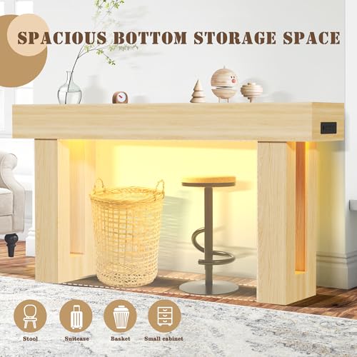Grepatio 63 Inch Entryway Console Table, Wood Entry way Table with LED Light, Long Console Table with USB Power Outlet, Narrow Sofa Behind Couch Tables for Entrance, Hallway, Living Room (LED Natural) - color: Led Natural