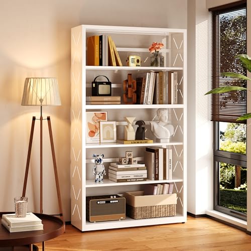 SteeLoong 5 Tier Bookcase,Metal Bookshelf with Adjustable Feet & Shelves | 55"H White Book Shelf with Bookends,Tall Bookcase for Books & Decor,Modern Open Storage Shelves for Office,Kitchen,Garage - color: White, size: 5-Tier 31"W