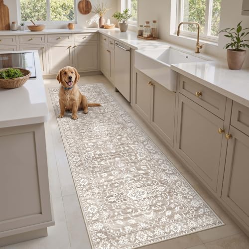 Soalmost 2.5'x8' Runner Rugs for Hallway, Washable Kitchen Runner Rug | Vintage Non-Slip Soft 2'6"x8' Carpet Runner with Rubber Backing for Entryway Laundry Bedroom Farmhouse Light Brown - color: Light Brown, size: 2'6" x 8' (Runner)
