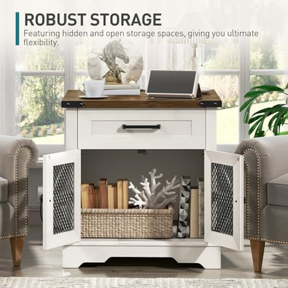 White Farmhouse End Table with Charging Station, 24" Large Sofa Side Table with Drawer, Large End Table for Living Room, Wooden Nightstand with Outlet, Square, White and Walnut - color: White and Walnut
