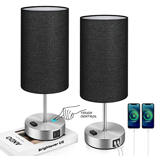 Black Touch Control Table Lamp Set of 2, with 2 USB Charging Ports&AC Outlet, 3-Way Dimmable Bedside Nightstand Lamps with Fabric Lampshade for Reading, Bedroom, Living Room, A19 LED Bulbs Included - color: Black