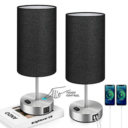 Black Touch Control Table Lamp Set of 2, with 2 USB Charging Ports&AC Outlet, 3-Way Dimmable Bedside Nightstand Lamps with Fabric Lampshade for Reading, Bedroom, Living Room, A19 LED Bulbs Included - color: Black
