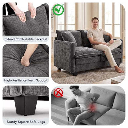 Loveseat Sofa Couch 2 Piece Set, Small Compact 50" Love Seat 27" Deep Cloud Sofa Set Washable Chenille Pillow Living Room Set for Apartment Office 50-Grey-2+2-1 - color: Grey, size: 50"+50"