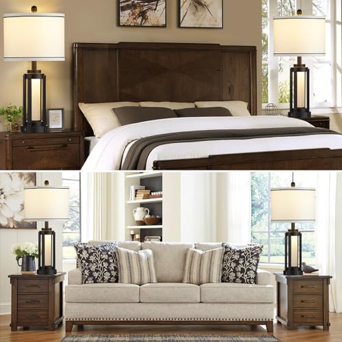 Industrial Table Lamps Set of 2, Modern Beside Lamp with USB A+C Charging Ports & AC Outlet, Rustic Nightstand Lamp with LED Night Light for Living Room Bedroom End Table Entryway Black Bulbs Included - color: Black-4