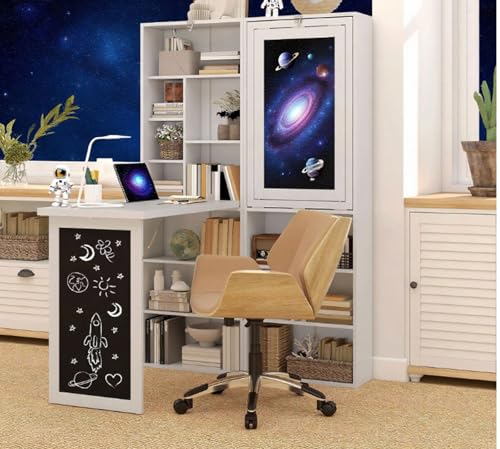 Foldable Wall Mounted Desk with Storage Shelves & Blackboard, Fold-Out Convertible Writing Table for Small Spaces | Space-Saving Floating Computer Desk for Home Office (White) - color: White