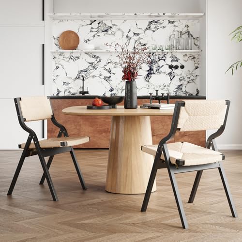 Wood Folding Chairs, Foldable Chairs Wooden Indoor Stackable Dining Chairs for Kitchen & Dining Room Chair Woven Seat & Webbing Back, Dining Chair Set of 2 - color: Black/Natural, Woven Rope