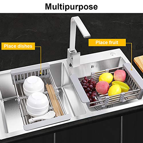 LUEXBOX Expandable Dish Drying Rack Over The Sink, Stainless Steel Drainer Basket with Adjustable Arms for Vegetable and Fruit (Grey) - color: Gray