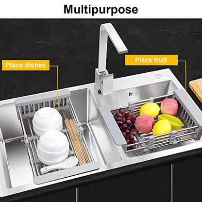 LUEXBOX Expandable Dish Drying Rack Over The Sink, Stainless Steel Drainer Basket with Adjustable Arms for Vegetable and Fruit (Grey) - color: Gray
