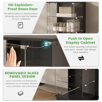 HNEBC LED Nightstand with USB-C Charging Station&Lights for Bedroom-Black | Curio china Cabinet, Motion Sensor Smart Glass RGB Side Table with App Control, Charging Station Tempered Glass Collectiblem - color: 91174-black